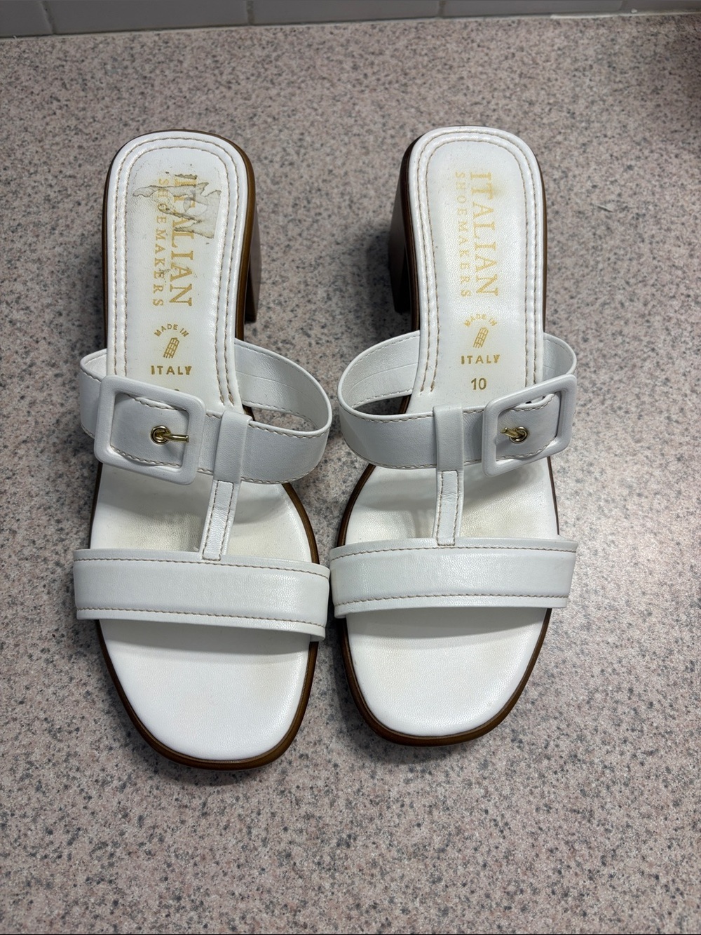 Italian Shoemakers White Leather Buckle Strap Block Heel Mules